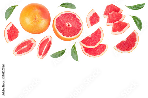 Fototapeta Naklejka Na Ścianę i Meble -  Grapefruit and slices isolated on white background. Top view. Flat lay. With clipping path and full depth of field