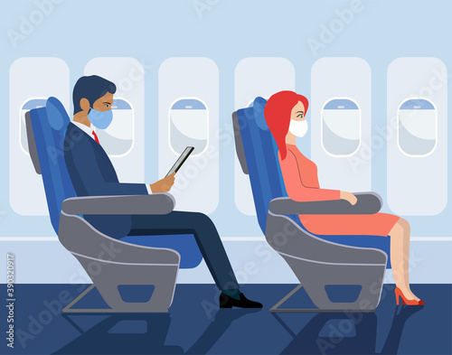 Passengers in masks  sit in the seats of the plane. Vector flat style illustration.
