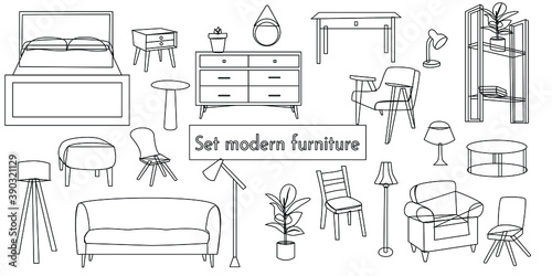 Vector doodle set of furniture, decor and lighting for the living room or dining room on a white background. Design items for an apartment and a house.