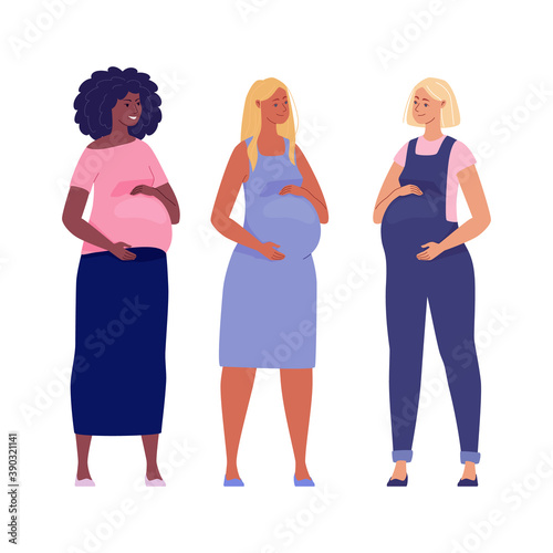 Set of beautiful pregnant women hugging their big bellies. Illustration. Vector in a flat cartoon style.