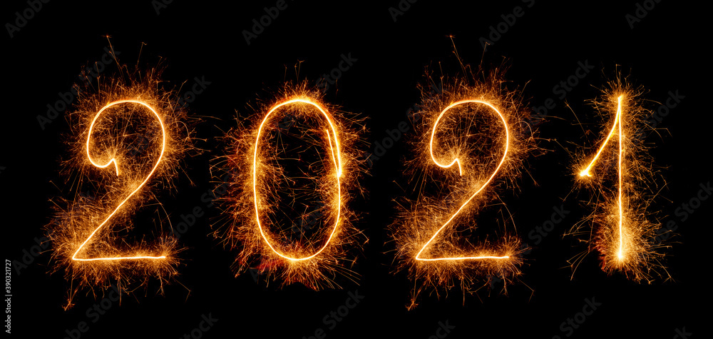 Sparkling lettering 2021 with sparklers isolated on black background