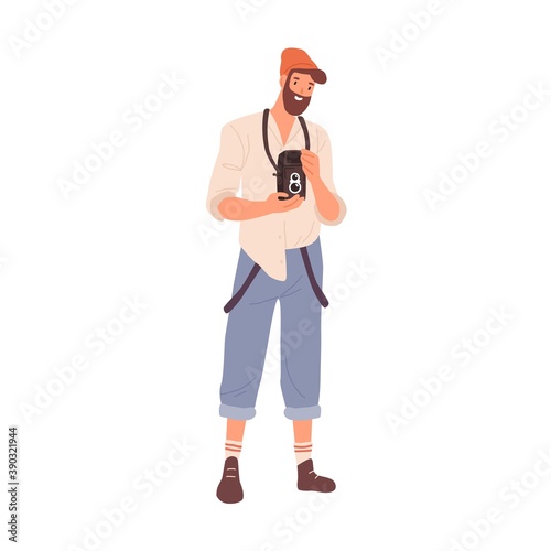 Hipster guy photographing on TLR camera. Young man holding retro filming equipment. Male character photographer. Flat vector cartoon illustration isolated on white background.