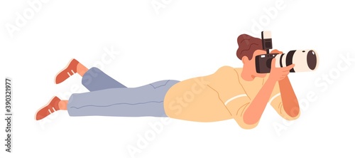 Male photographer lying down and shooting with digital camera. Man reporter holding professional equipment. Scene of working paparazzi. Flat vector cartoon illustration isolated on white background