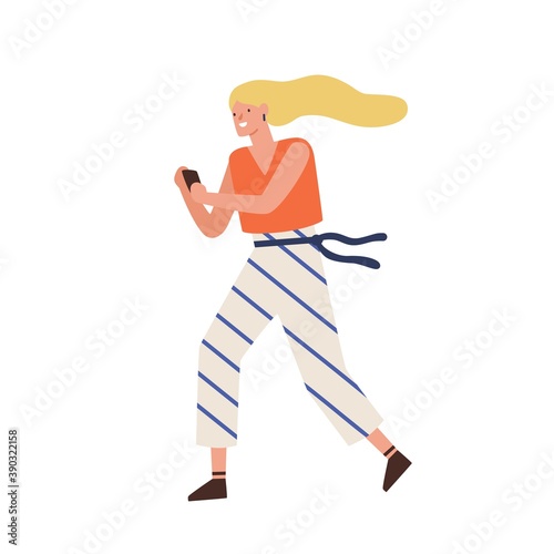 Busy woman hold cell phone. Portrait of trendy female character in a hurry. Woman running and texting on mobile phone. Flat vector cartoon illustration isolated on white background