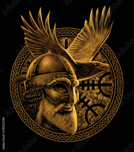 Norse God Odin with crow. Graphic illustration in the ring. Celtic ornament. Viking Warrior. 