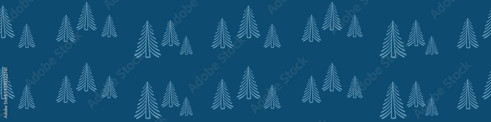 Timberland seamless horizontal border. Banner with fir trees on dark blue background. Vector illustration.