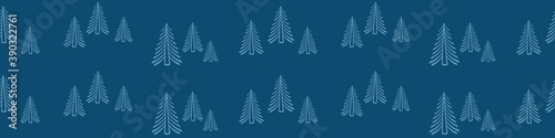 Timberland seamless horizontal border. Banner with fir trees on dark blue background. Vector illustration.