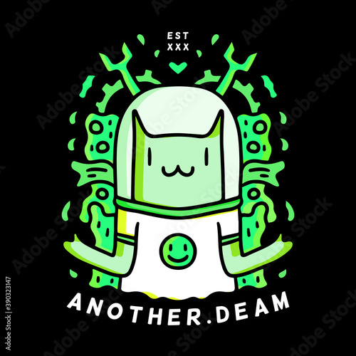 cat character wearing astronaut helmet and hype t-shirt, illustration with hipster style. Vector graphics for t-shirt prints and other uses.