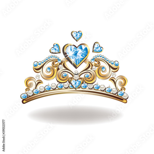 Beautiful golden princess tiara with pearls and jewels. Vector illustration on white background.