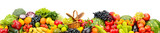 Wide panoramic composition of juicy fruits, berries and vegetables isolated on white