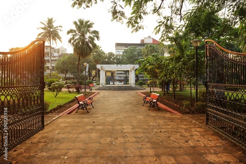 Entrance to the Park in Panaji at sunset. State Of Goa. India. November 2020