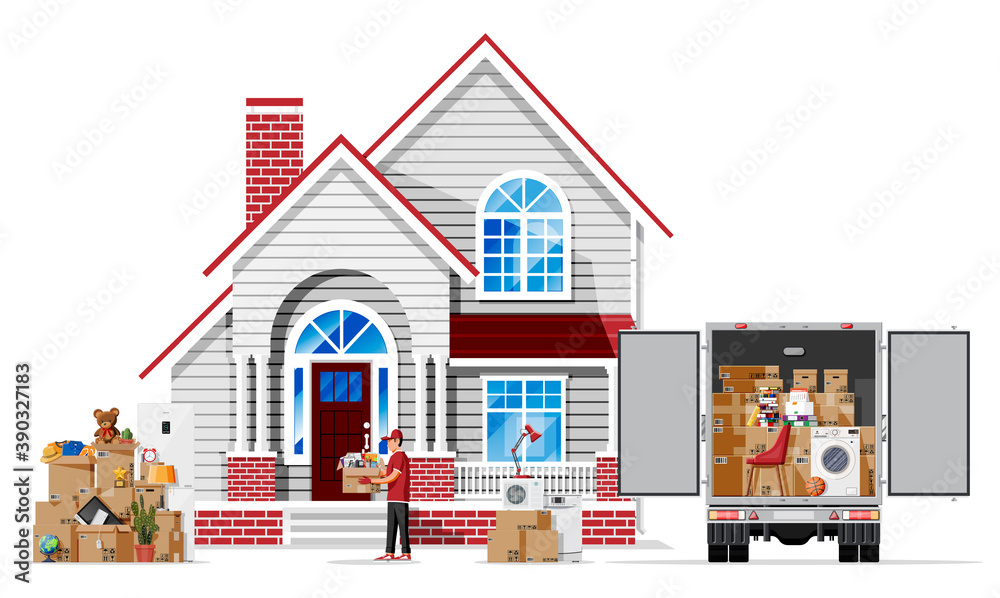 Moving to new house. Family relocated to new home. Male mover, paper cardboard boxes near house, delivery truck. Package for transportation. Household items and electronics. Flat vector illustration