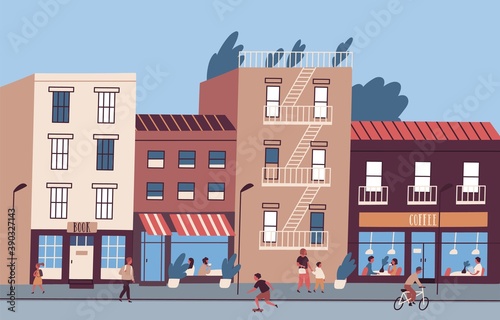 City street with people walking and sitting in cafe and restaurant. Colorful ...