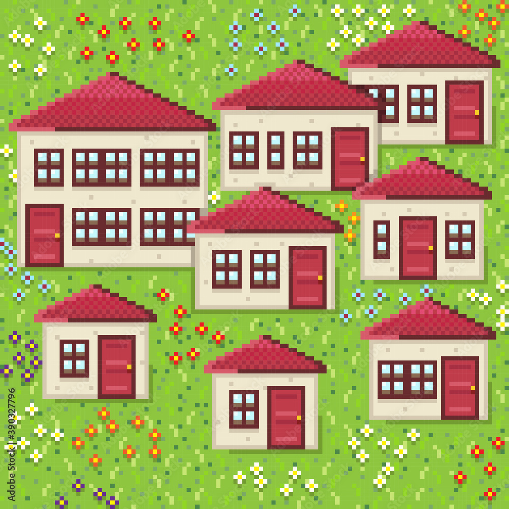 Cute houses. Pixel art style. Village pixel art. Vector picture. Village among flower gardens.