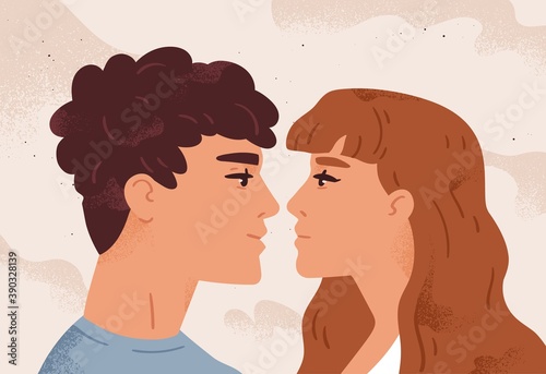 Romantic couple in love looking at each other. Portrait of enamored characters. Cute young man and woman together. Romance and passion in relationship. Flat vector cartoon illustration