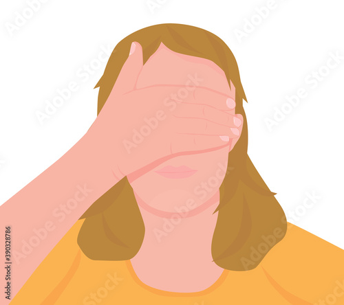 Vector illustration of young woman with closed eyes by her hands. Vector illustration isolated on white background.