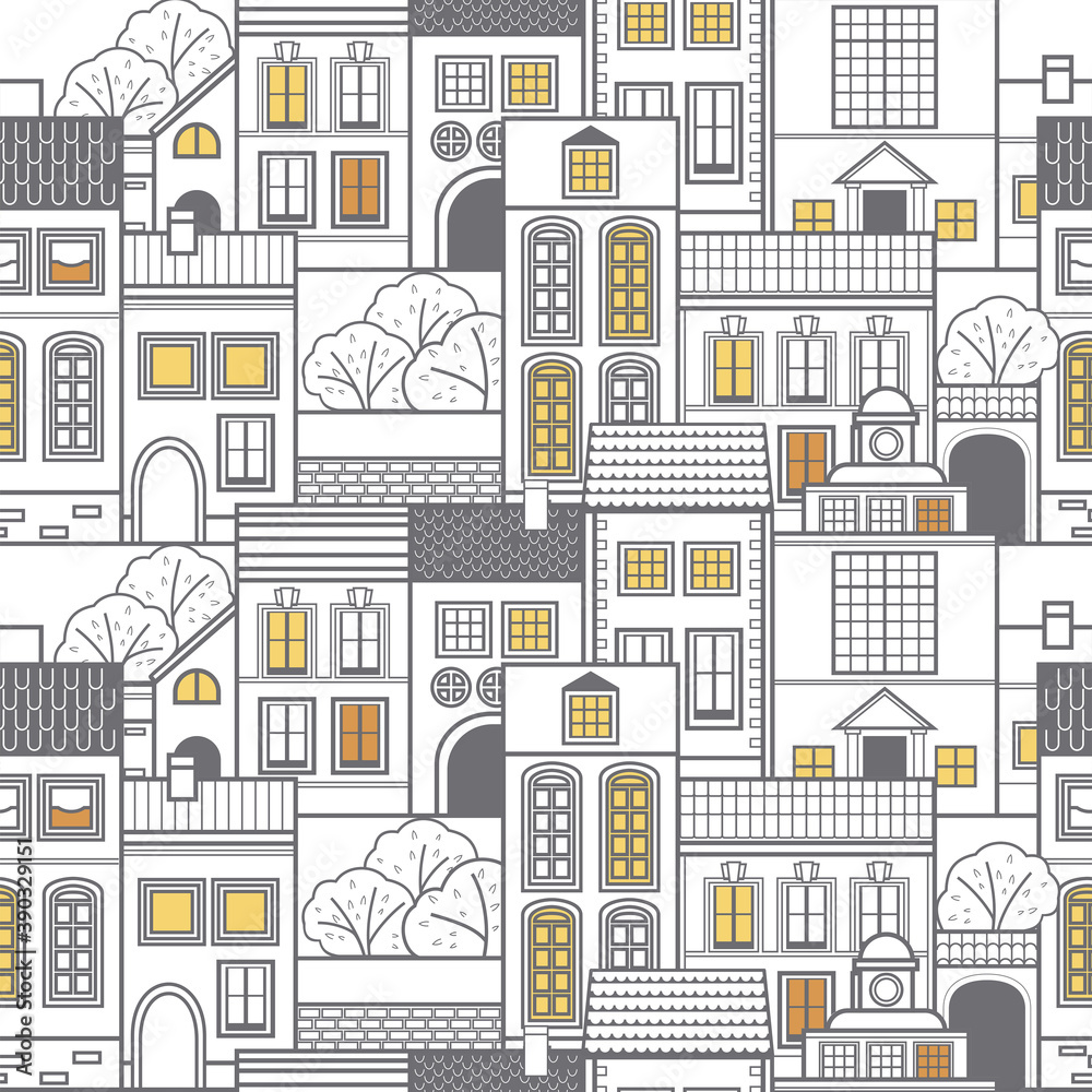 Town with small old houses. Vector seamless pattern. Wallpaper.