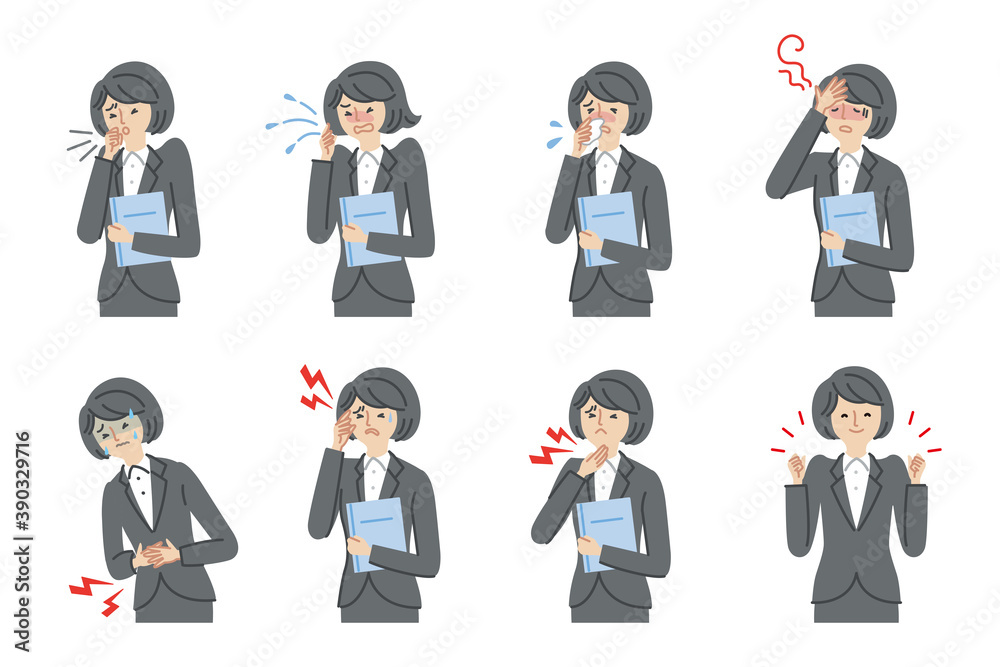 ビジネス：女性・病気・症状7種類と元気ポーズ（主線なし）