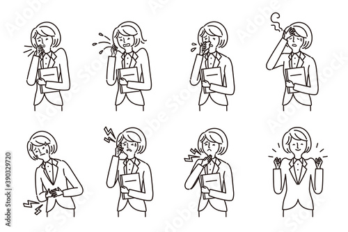 ビジネス：女性・病気・症状7種類と元気ポーズ（線画）