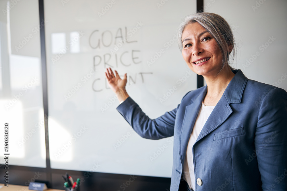 Cheerful businesswoman pointing at whiteboard in office Cheerful businesswoman pointing at whiteboard in office