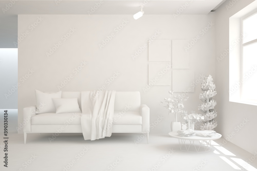 White minimalist living room with sofa. Scandinavian interior design. 3D illustration White minimalist living room with sofa. Scandinavian interior design. 3D illustration