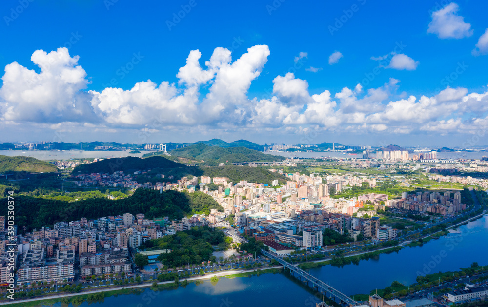 Aerial view of Humen Town, Dongguan City, Guangdong Province, China