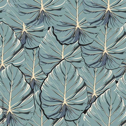 Floral seamless pattern, blue tropical leaves background, vintage theme.