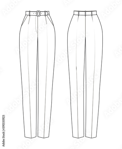 Fashion technical drawing of pants at the waist