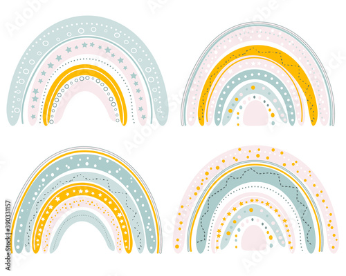 Set of cute rainbows in scandinavian style. Rainbows isolated on a white background.