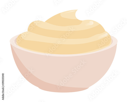 Mayonnaise sauce in dip bowl isolated on white background