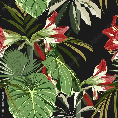Seamless pattern with hand drawn colored amaryllis lilies and palm tropical leaves on black background. © Виктор Фесюк