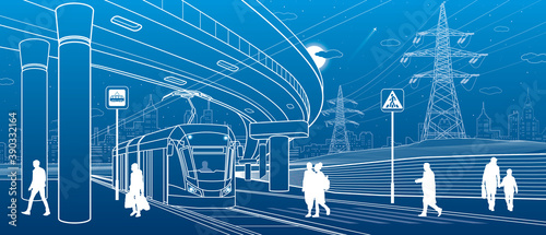 City scene. Automobile bridge, overpass. Tram rides. People walking at street. Night city on background. Electric transport. Power line. Outline vector infrastructure illustration