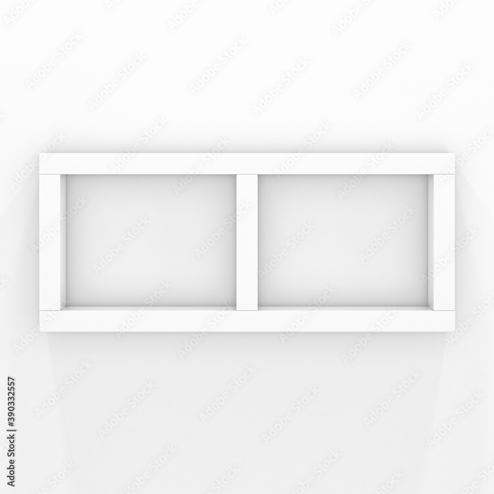 Empty two section shelf. White mock up hanging on the wall. 3d rendering illustration Empty two section shelf. White mock up hanging on the wall. 3d rendering illustration