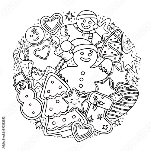 Gingerbread coloring book. Christmas and new year. Vector.