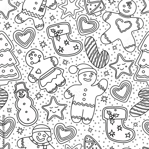 Gingerbread seamless pattern coloring. Christmas and new year. Vector.