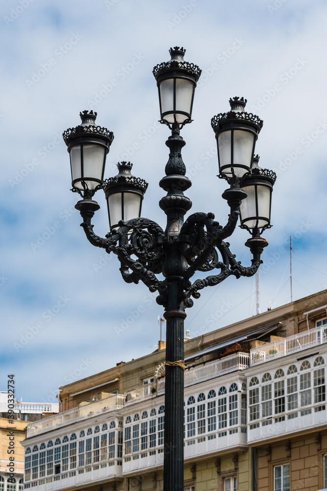 Lamppost in the Plaza de Maria Pita in A Coruña, Galicia, Spain
