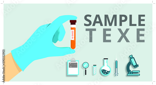 Hand wearing medical gloves with test tube vaccine patient Tubes, microscope, test tubes, vaccine vials and syringes with medicine Vaccination concept. Health care, hospital and medical diagnosis Vect