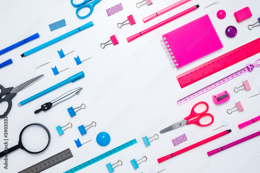 Pink notepad, pencil and marker on pink background. Flat lay. Concept office and back to school Pink notepad, pencil and marker on pink background. Flat lay. Concept office and back to school