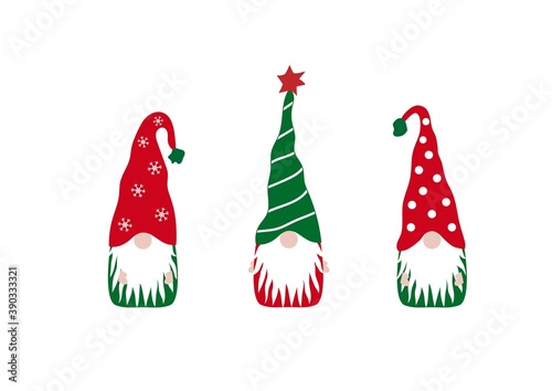 Vector illustration set of cute three Christmas gnomes isolated on white background. Collection of funny Xmas gnomes with beard and hat for card, greeting, house and garden.