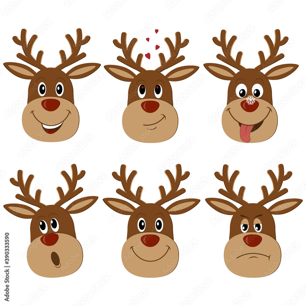 Set of Christmas reindeer with different emotions and moods, isolated on a white background, color vector illustration in flat style, clipart, scrapbooking, stickers, design, icon, poster, decoration, Set of Christmas reindeer with different emotions and moods, isolated on a white background, color vector illustration in flat style, clipart, scrapbooking, stickers, design, icon, poster, decoration,