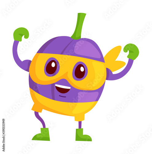 Plum fruit superhero character isolated on white background