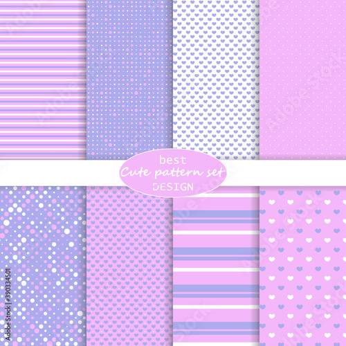 Cute pattern set. Hearts background. Valentine day design. Pink, violet colors. Polka dot, stripes, hearts pattern. Paper set mockup. Vector.
