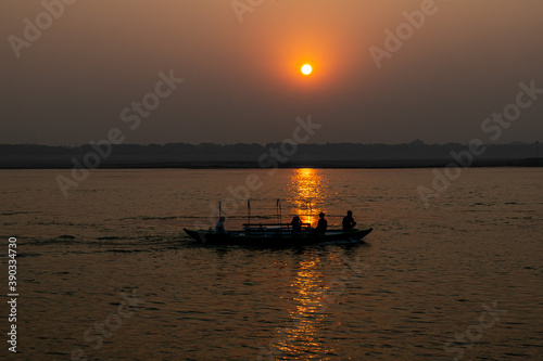 Sunrise view of ganges River in morning at ganga ghat in Varanasi