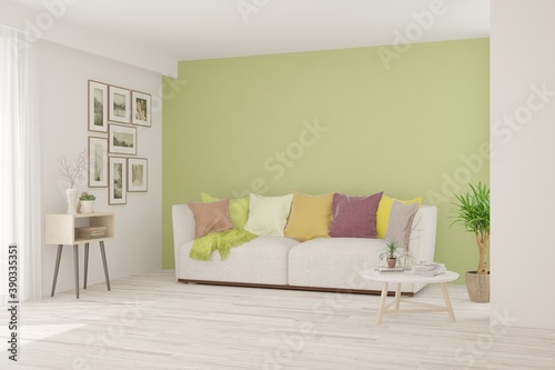 White living room with sofa. Scandinavian interior design. 3D illustration