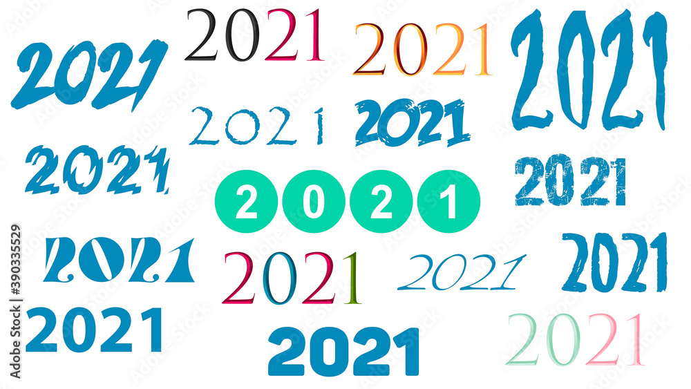 Numbers. 2021, on white background. Colored numbers.