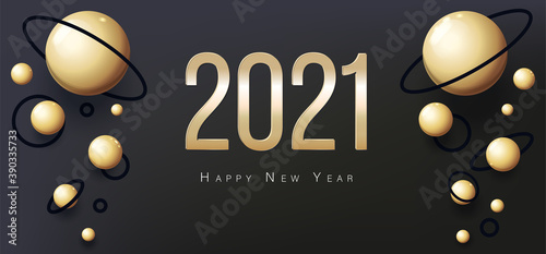 Greeting Card 2021 Happy New Year. Gold balls on black background