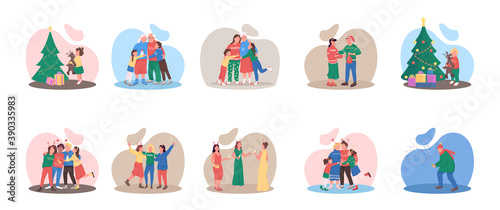 Christmas season flat color vector faceless character set. Family and friends. Luxury festive event. Winter holiday isolated cartoon illustration for web graphic design and animation collection