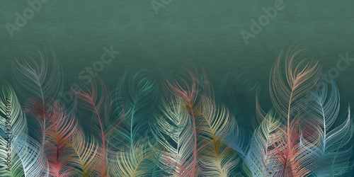 A composition of multicolored feathers on a dark green textured background. Interior printing, Murali art. © Katrine_arty