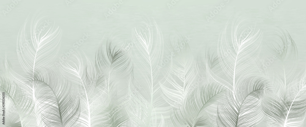 Beautiful decorative feathers on a light pistachio background. Interior printing. The mural art.