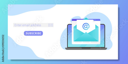 Subscribe to our newsletter web banner template. Laptop with opened browser page and envelope with new letter. Mail marketing, correspondence service delivery registration banner